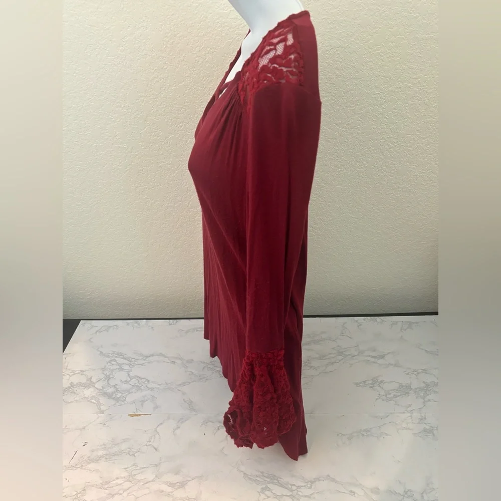 NY Collection Long Sleeve Strappy Blouse Size S Shirt Red Pullover Top - Picture 2 of 5